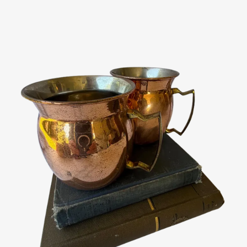 Set of 2 Vintage Copper Mugs with Brass Handles (16 oz)
