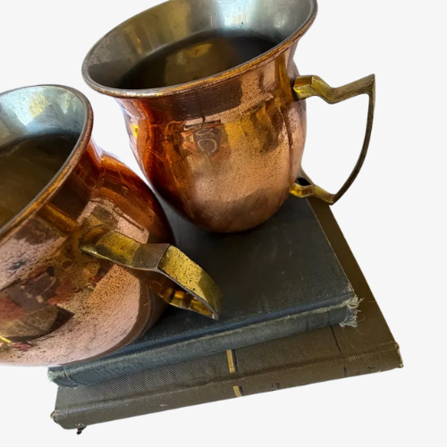 Set of 2 Vintage Copper Mugs with Brass Handles (16 oz)