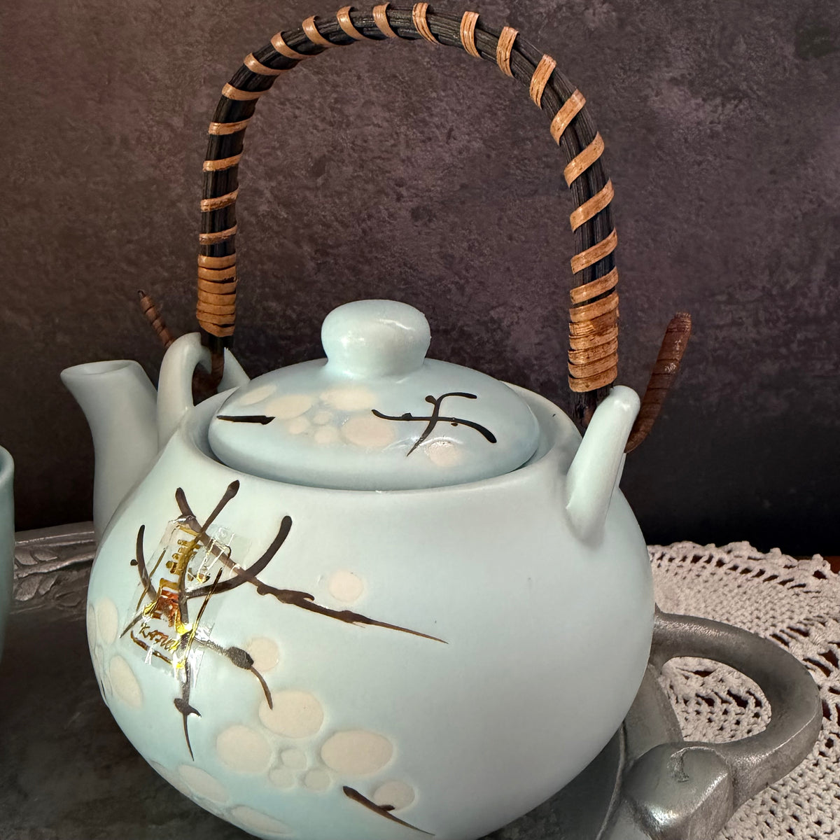 Vintage Japanese Style Ceramic Tea Set – Pale Blue Floral Teapot with Bamboo Handle & 2 Cups – Asian Tea Set