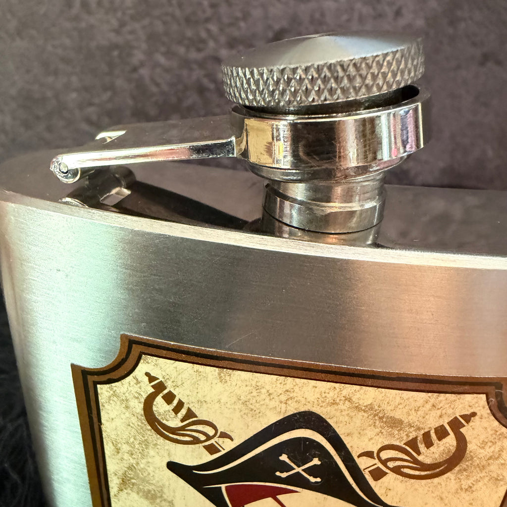 Pirate Grog Stainless Steel 6 oz Hip Flask – Pirate Skull Graphic – Nautical Barware Gift