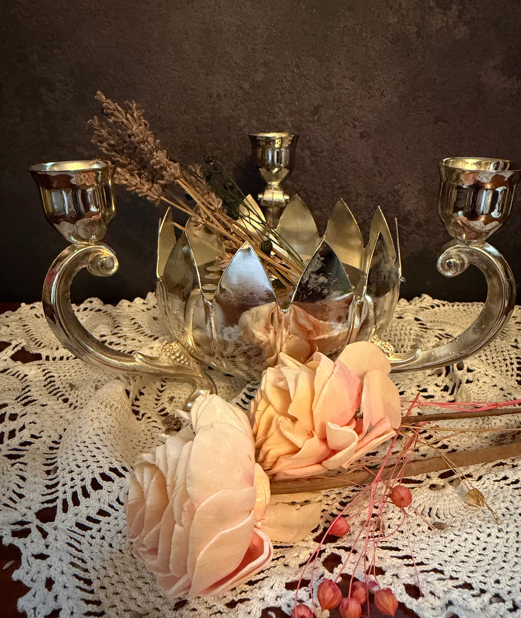 Vintage Silver Tone Lotus Flower Candelabra – 3 Candle Holder Centerpiece – Hollywood Regency Floral Candleholder