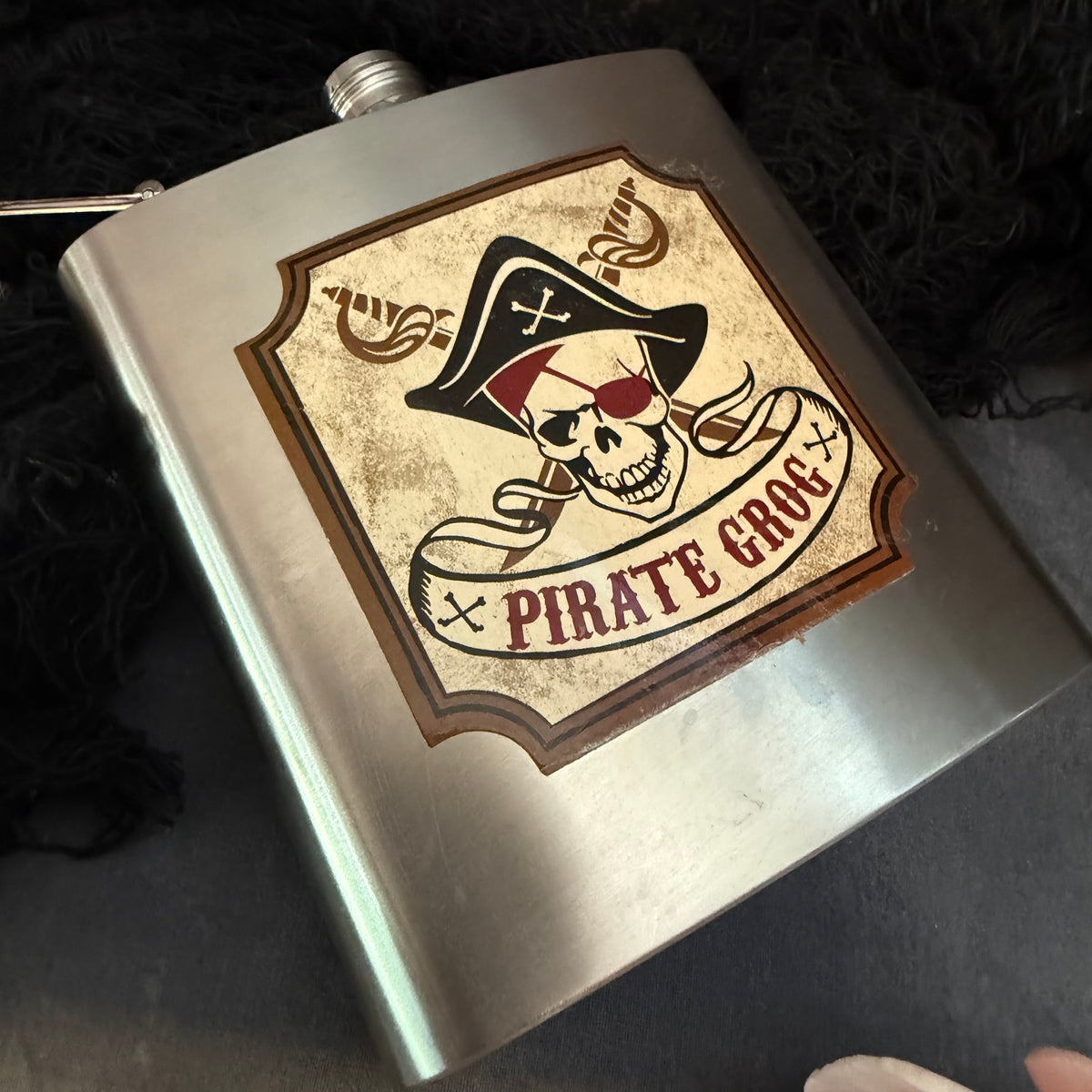Pirate Grog Stainless Steel 6 oz Hip Flask – Pirate Skull Graphic – Nautical Barware Gift