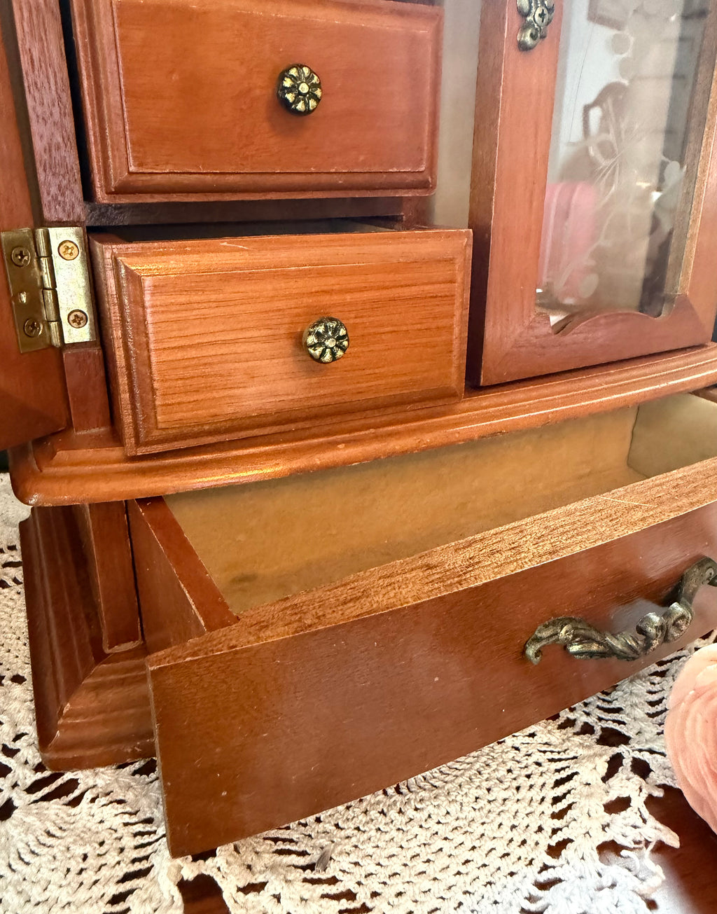 Vintage Wooden Jewelry Armoire Music Box – Etched Glass Doors – Drawers & Hooks – Victorian Style Jewelry Cabinet