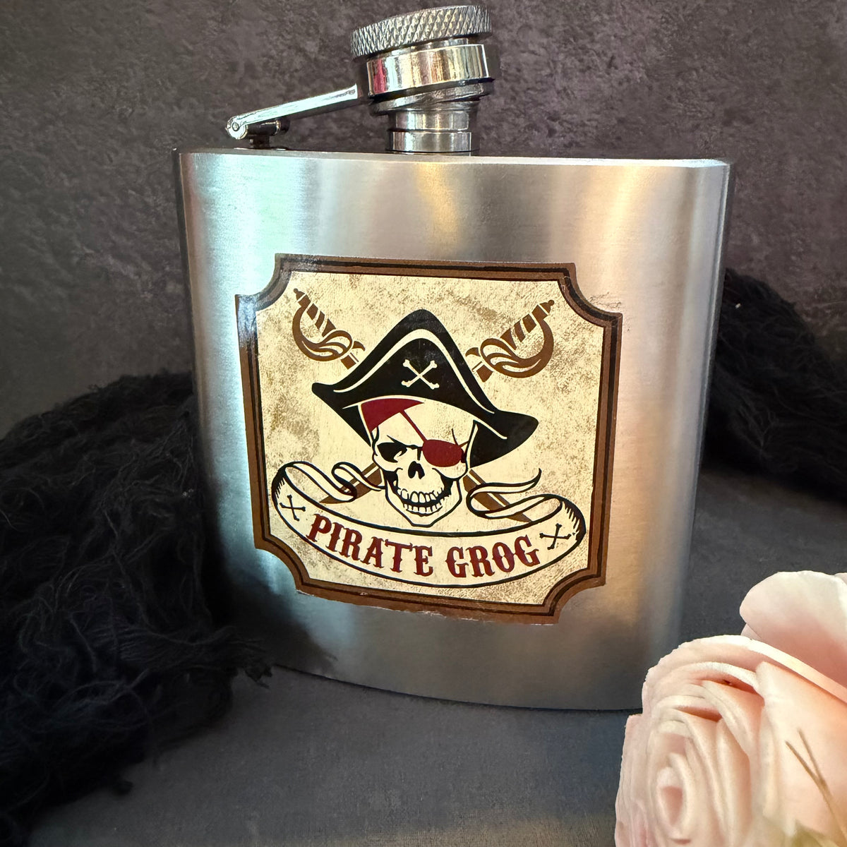 Pirate Grog Stainless Steel 6 oz Hip Flask – Pirate Skull Graphic – Nautical Barware Gift