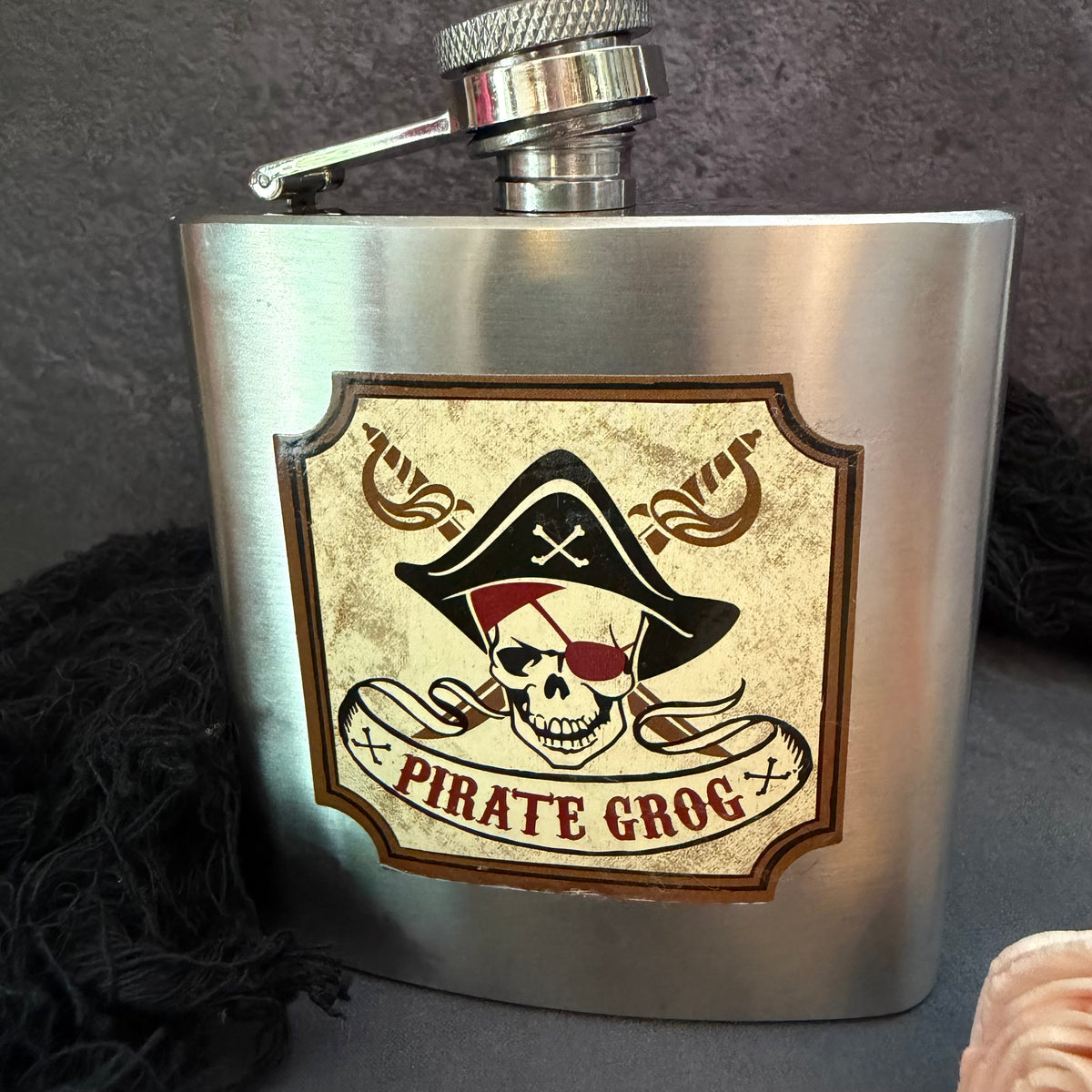 Pirate Grog Stainless Steel 6 oz Hip Flask – Pirate Skull Graphic – Nautical Barware Gift