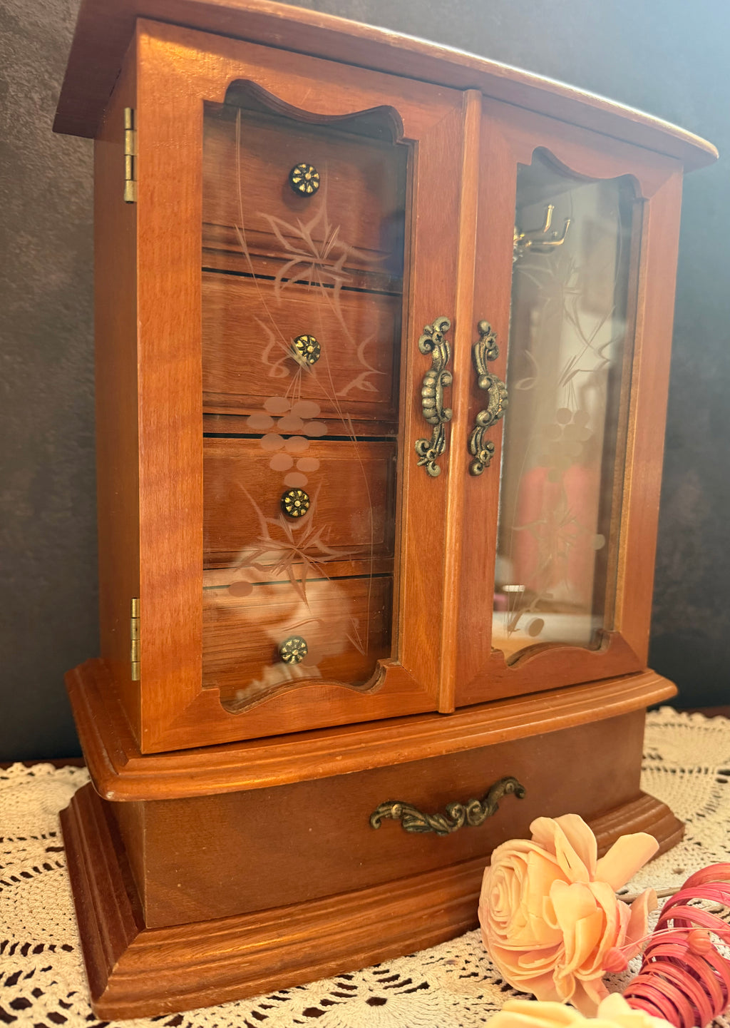 Vintage Wooden Jewelry Armoire Music Box – Etched Glass Doors – Drawers & Hooks – Victorian Style Jewelry Cabinet