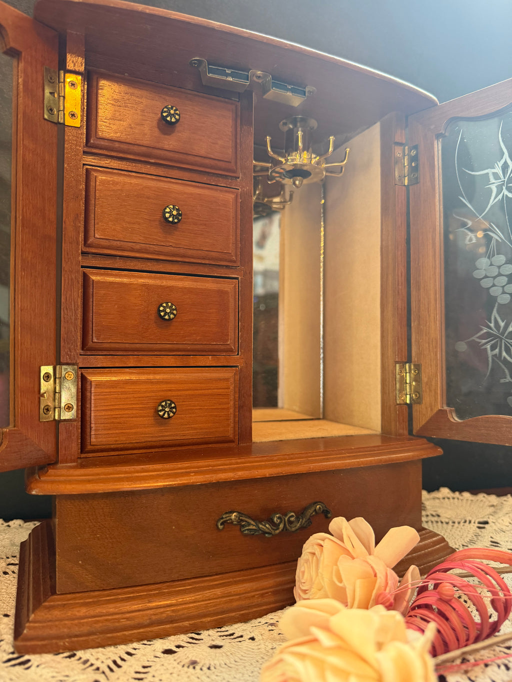 Vintage Wooden Jewelry Armoire Music Box – Etched Glass Doors – Drawers & Hooks – Victorian Style Jewelry Cabinet