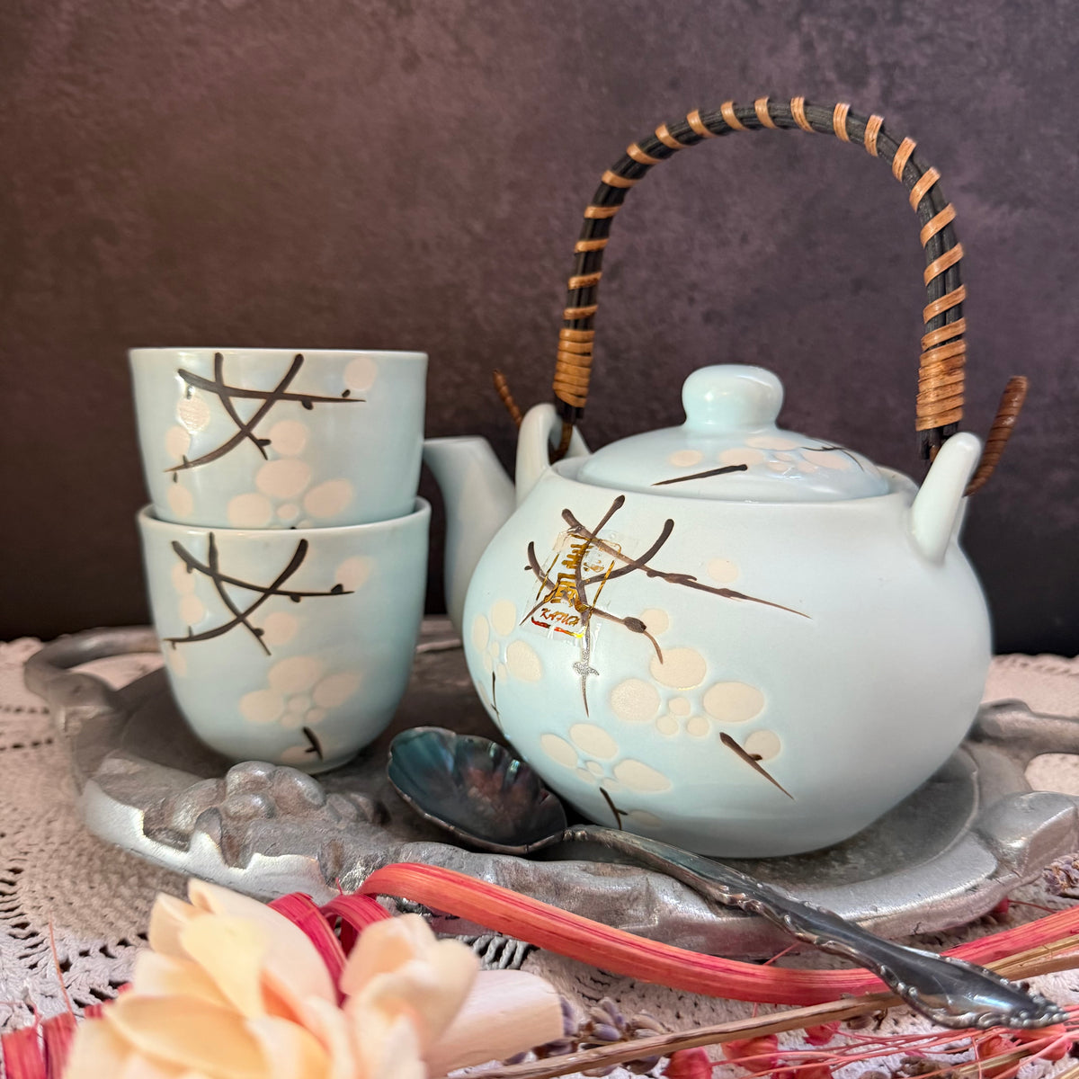 Vintage Japanese Style Ceramic Tea Set – Pale Blue Floral Teapot with Bamboo Handle & 2 Cups – Asian Tea Set