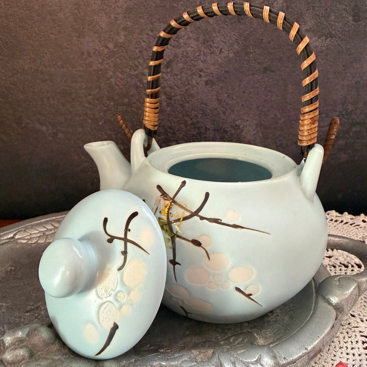 Vintage Japanese Style Ceramic Tea Set – Pale Blue Floral Teapot with Bamboo Handle & 2 Cups – Asian Tea Set
