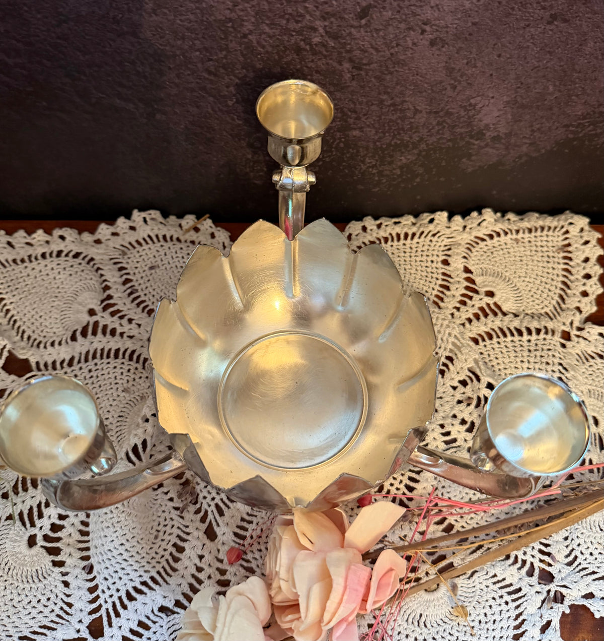 Vintage Silver Tone Lotus Flower Candelabra – 3 Candle Holder Centerpiece – Hollywood Regency Floral Candleholder