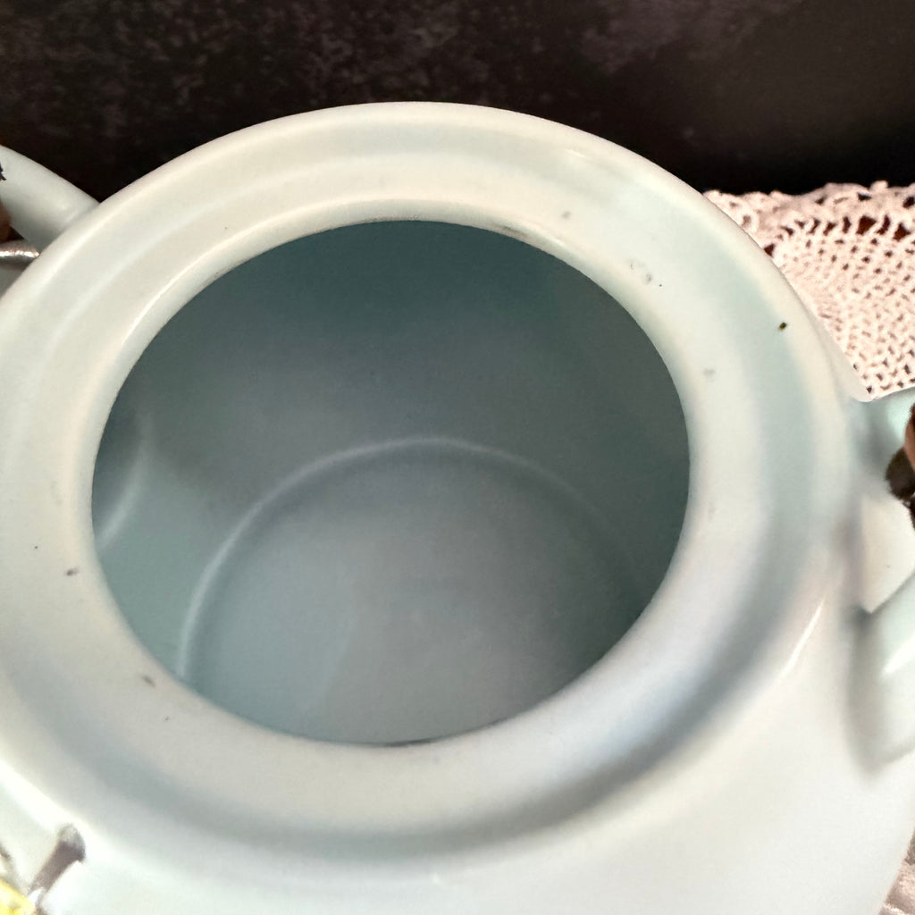 Vintage Japanese Style Ceramic Tea Set – Pale Blue Floral Teapot with Bamboo Handle & 2 Cups – Asian Tea Set