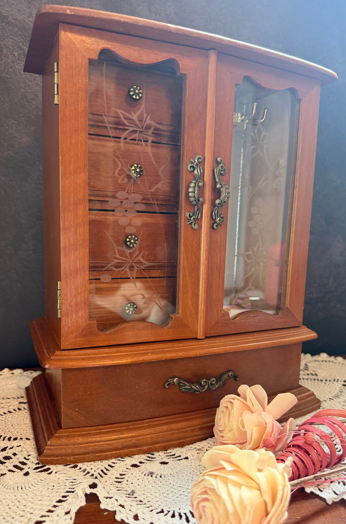 Vintage Wooden Jewelry Armoire Music Box – Etched Glass Doors – Drawers & Hooks – Victorian Style Jewelry Cabinet