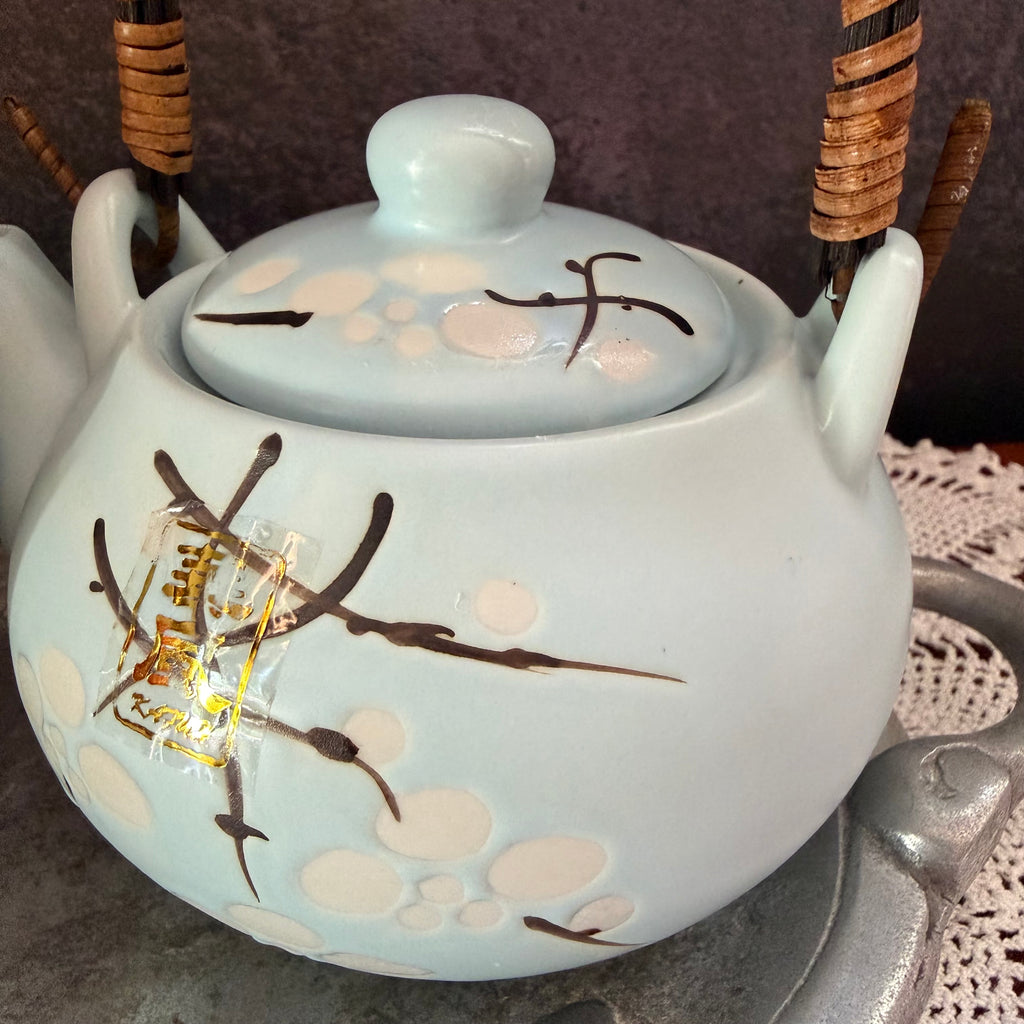 Vintage Japanese Style Ceramic Tea Set – Pale Blue Floral Teapot with Bamboo Handle & 2 Cups – Asian Tea Set