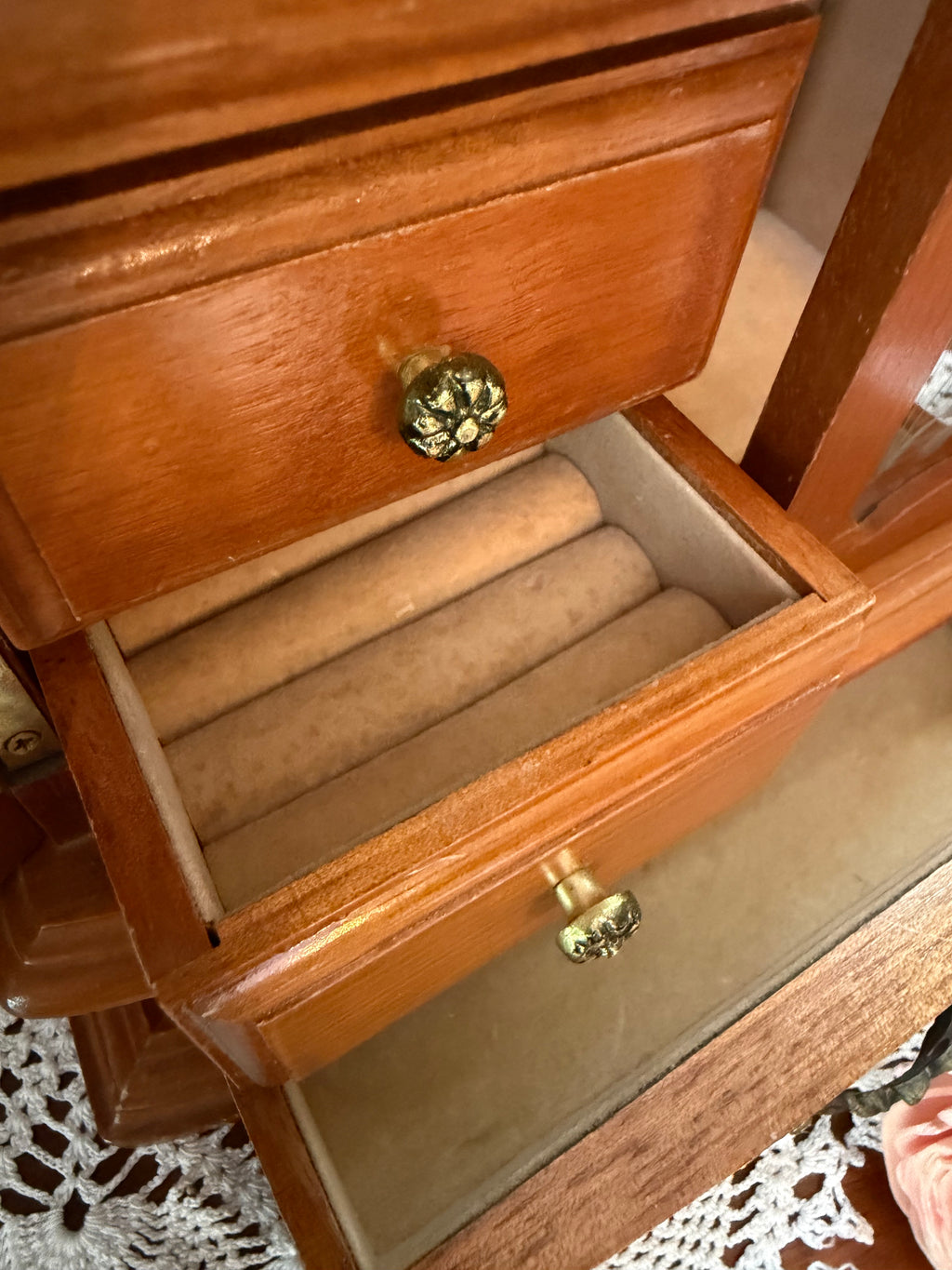 Vintage Wooden Jewelry Armoire Music Box – Etched Glass Doors – Drawers & Hooks – Victorian Style Jewelry Cabinet