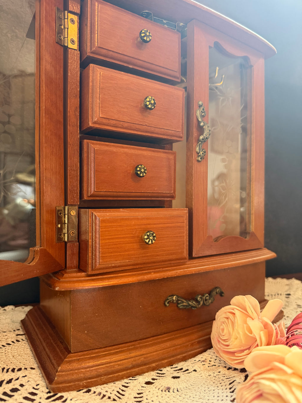 Vintage Wooden Jewelry Armoire Music Box – Etched Glass Doors – Drawers & Hooks – Victorian Style Jewelry Cabinet