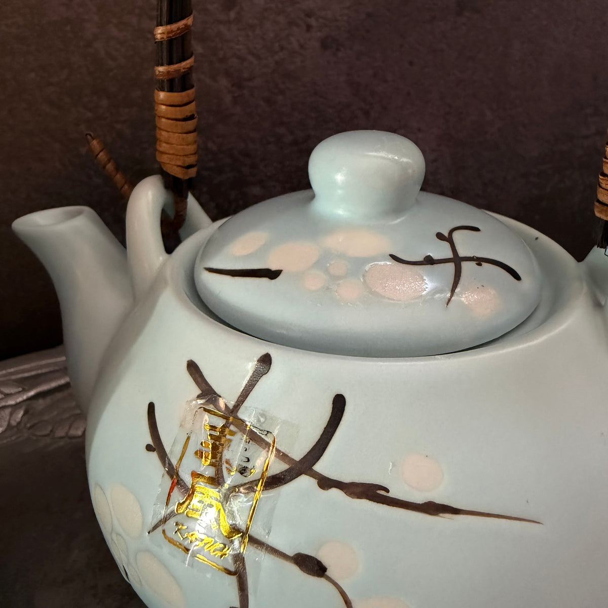 Vintage Japanese Style Ceramic Tea Set – Pale Blue Floral Teapot with Bamboo Handle & 2 Cups – Asian Tea Set