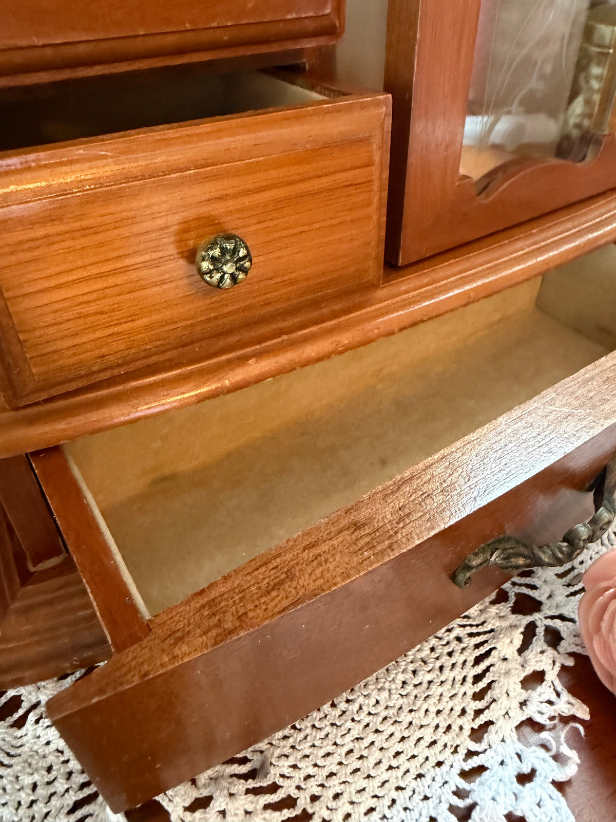 Vintage Wooden Jewelry Armoire Music Box – Etched Glass Doors – Drawers & Hooks – Victorian Style Jewelry Cabinet