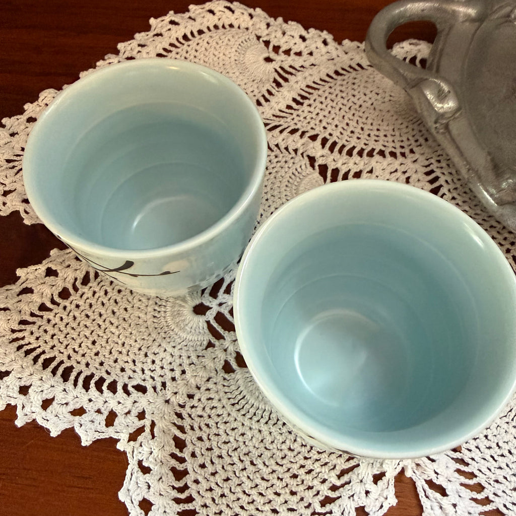 Vintage Japanese Style Ceramic Tea Set – Pale Blue Floral Teapot with Bamboo Handle & 2 Cups – Asian Tea Set