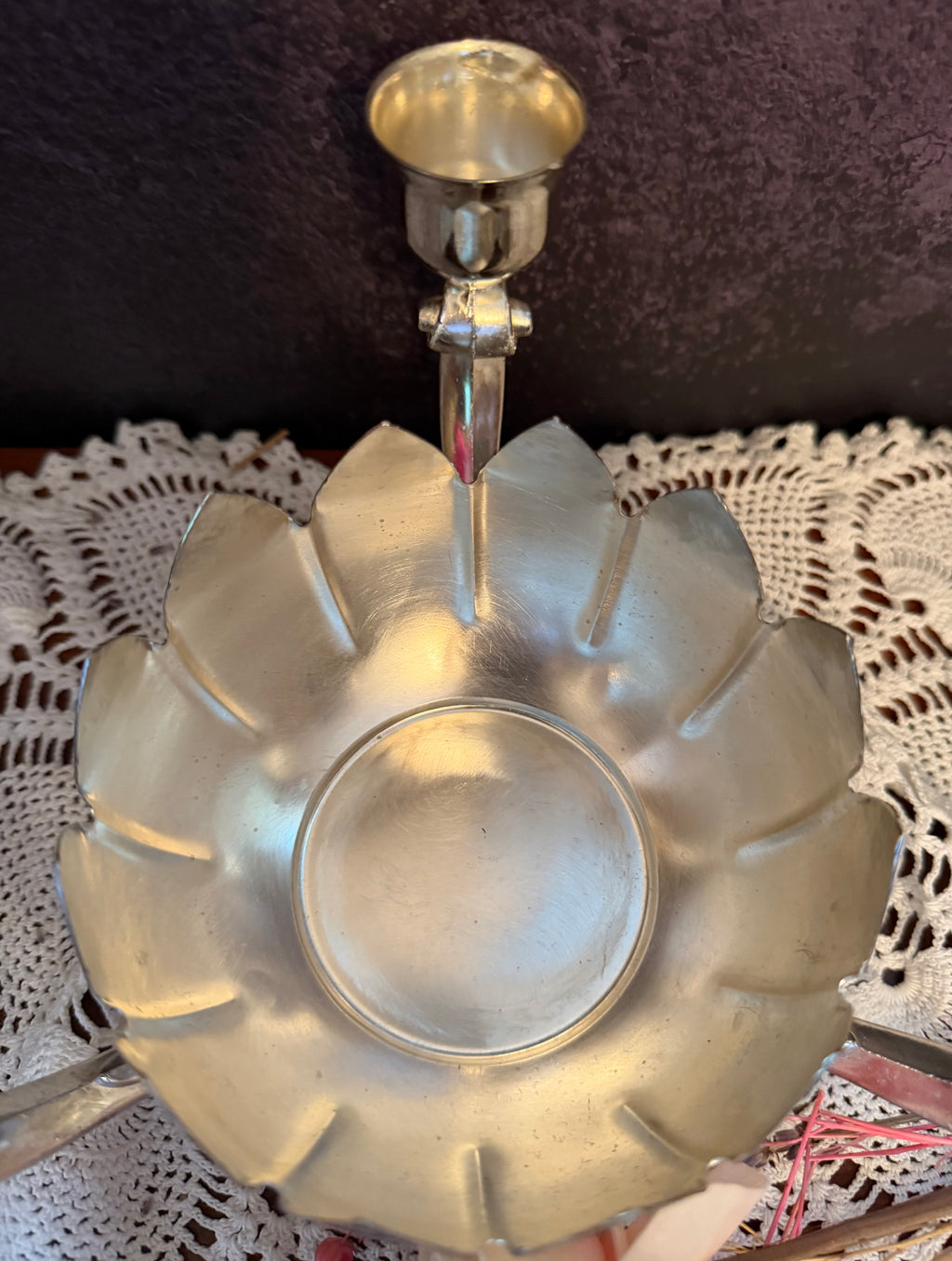 Vintage Silver Tone Lotus Flower Candelabra – 3 Candle Holder Centerpiece – Hollywood Regency Floral Candleholder