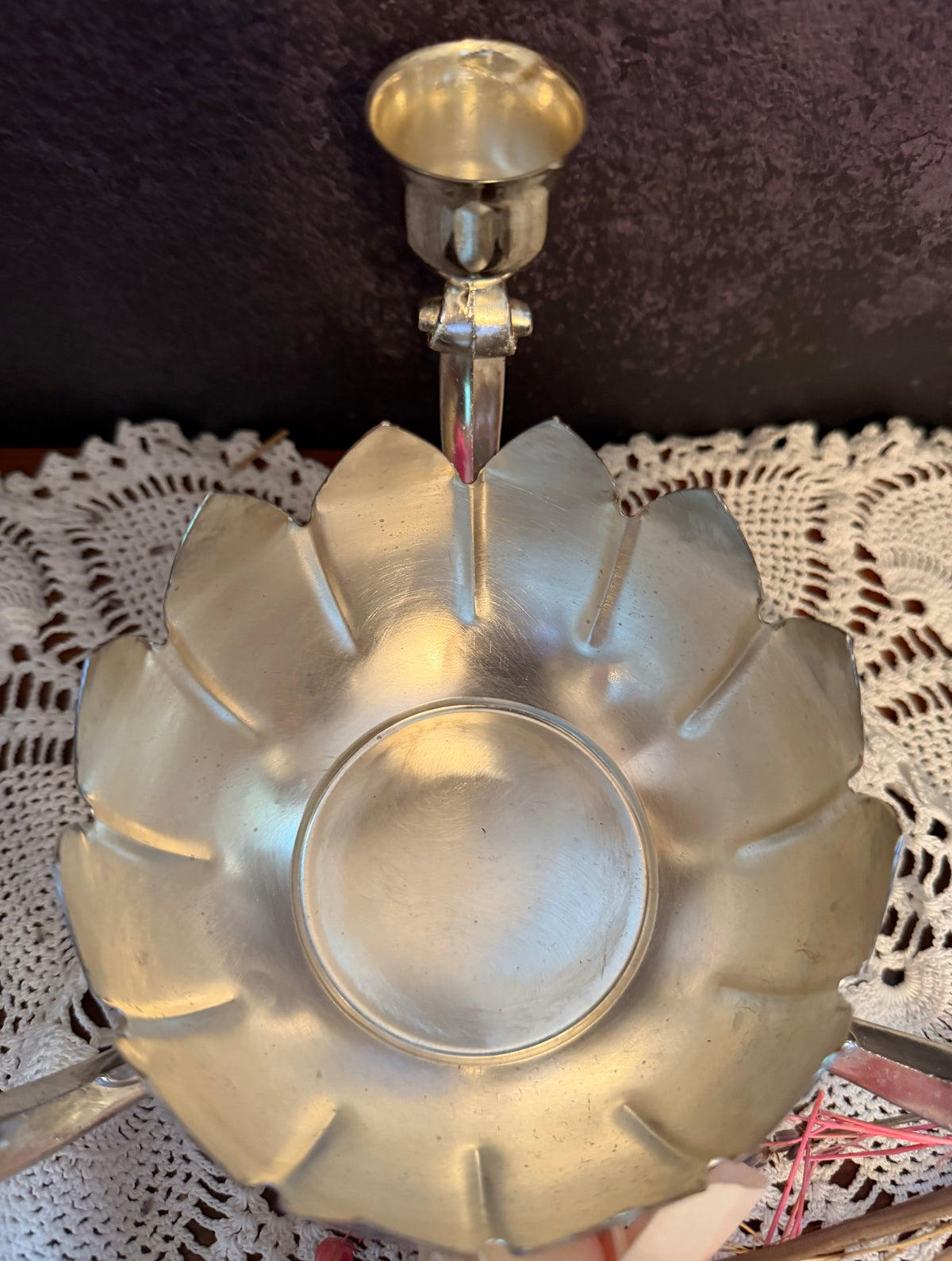 Vintage Silver Tone Lotus Flower Candelabra – 3 Candle Holder Centerpiece – Hollywood Regency Floral Candleholder