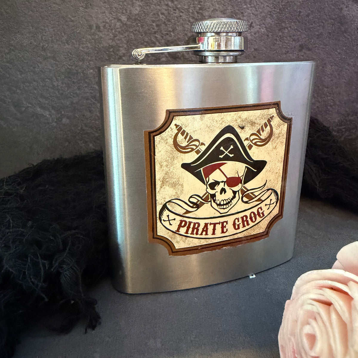 Pirate Grog Stainless Steel 6 oz Hip Flask – Pirate Skull Graphic – Nautical Barware Gift