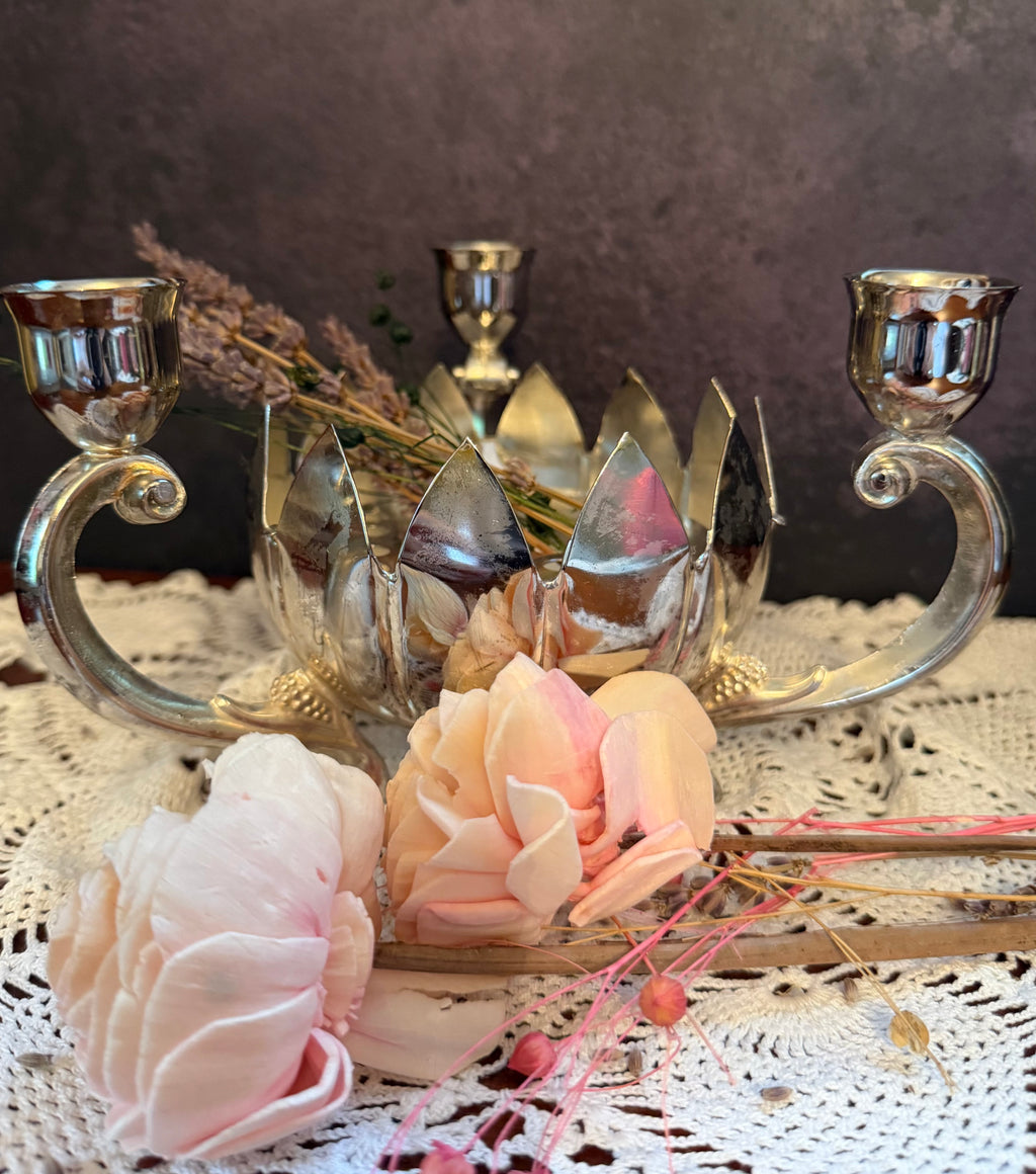 Vintage Silver Tone Lotus Flower Candelabra – 3 Candle Holder Centerpiece – Hollywood Regency Floral Candleholder