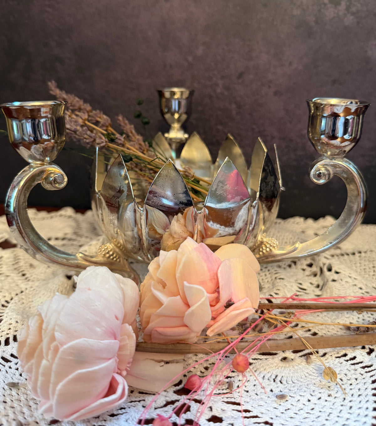 Vintage Silver Tone Lotus Flower Candelabra – 3 Candle Holder Centerpiece – Hollywood Regency Floral Candleholder