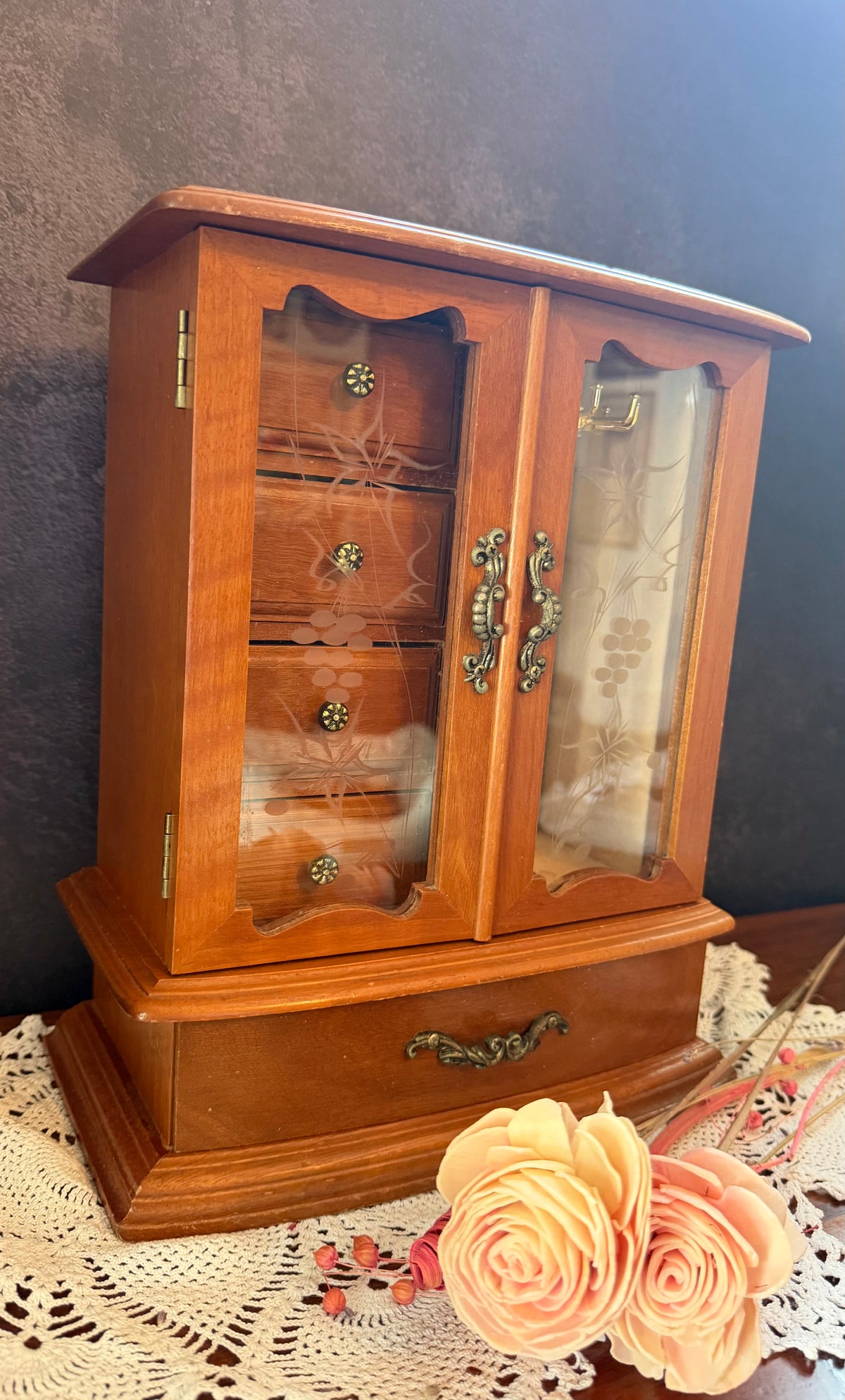Vintage Wooden Jewelry Armoire Music Box – Etched Glass Doors – Drawers & Hooks – Victorian Style Jewelry Cabinet
