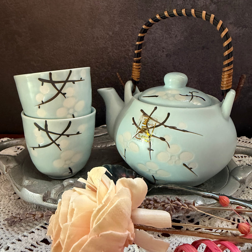Vintage Japanese Style Ceramic Tea Set – Pale Blue Floral Teapot with Bamboo Handle & 2 Cups – Asian Tea Set