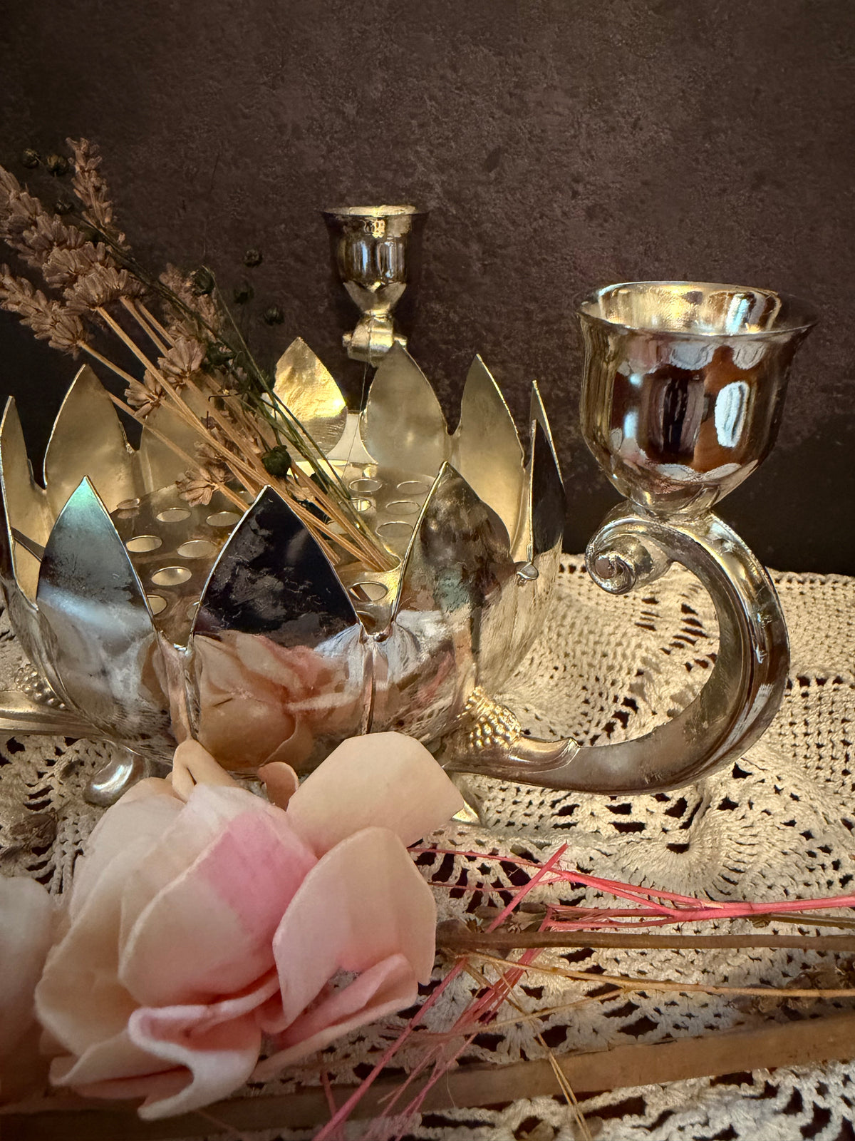 Vintage Silver Tone Lotus Flower Candelabra – 3 Candle Holder Centerpiece – Hollywood Regency Floral Candleholder