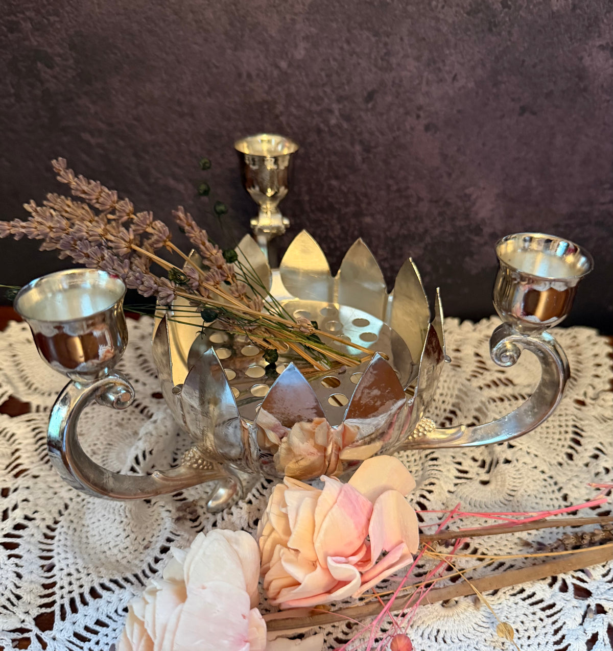 Vintage Silver Tone Lotus Flower Candelabra – 3 Candle Holder Centerpiece – Hollywood Regency Floral Candleholder