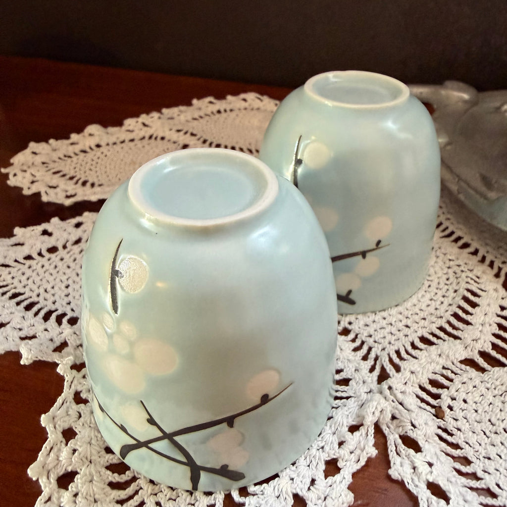Vintage Japanese Style Ceramic Tea Set – Pale Blue Floral Teapot with Bamboo Handle & 2 Cups – Asian Tea Set