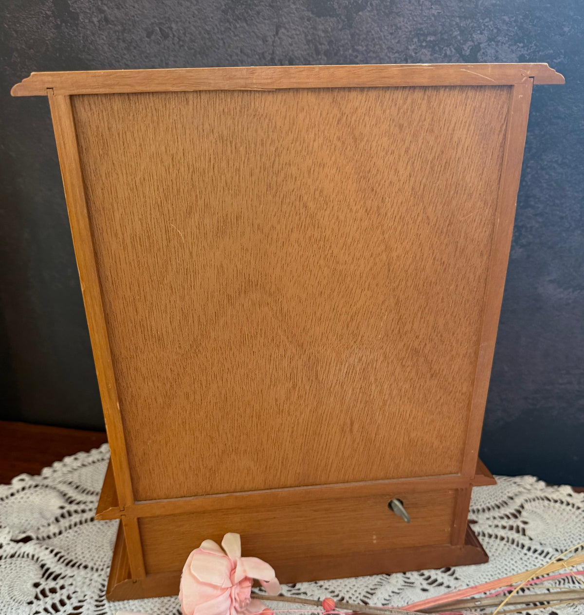Vintage Wooden Jewelry Armoire Music Box – Etched Glass Doors – Drawers & Hooks – Victorian Style Jewelry Cabinet