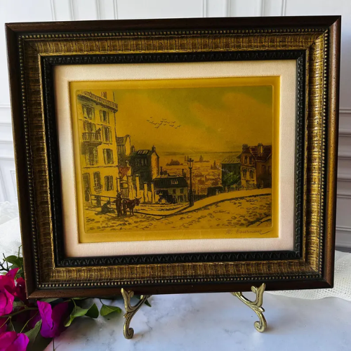 Vintage mid-century framed European etched print depicting a street scene in Paris